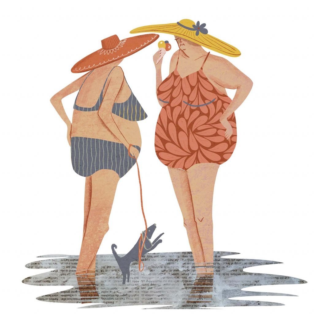 two old woman in swimsuit at sea chatting